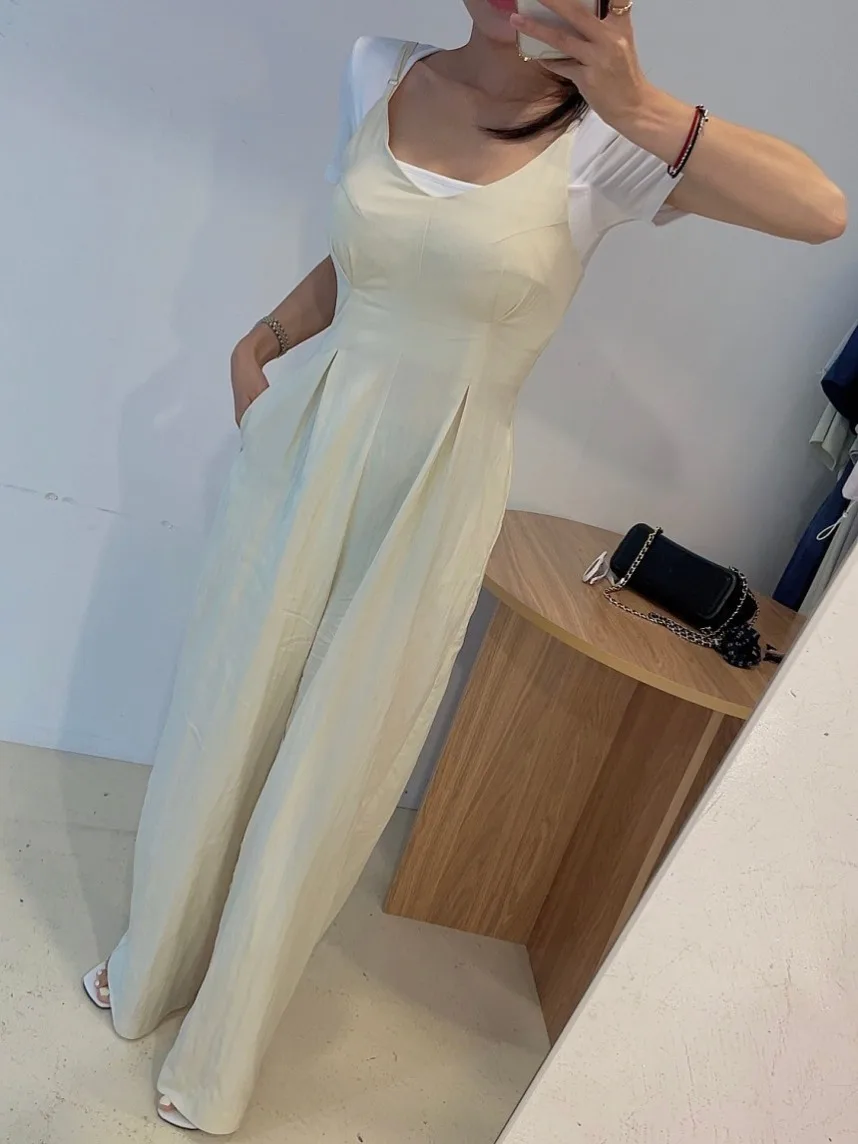

Ele Summer Vintage V-Ne Pleated Waist Slimming Strap Rer Wide Leg Casual Pants Women's Faion Casual Outfit