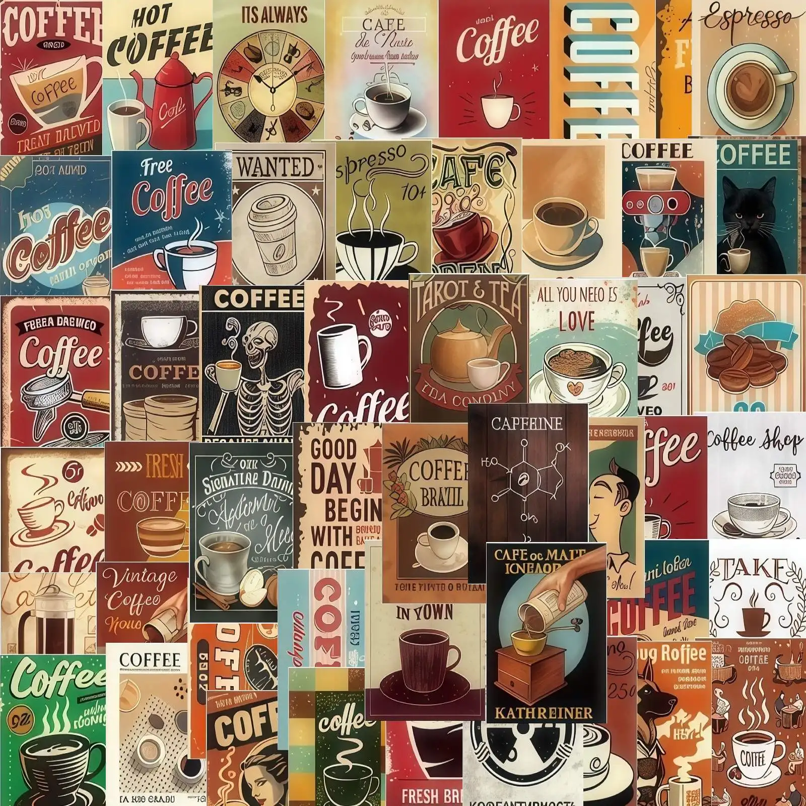 

50PCS Cartoon Retro Coffee Time Graffiti Sticker DIY Decoration Mobile Phone Case Notebook Water Cup Waterproof Toy Gift Sticker
