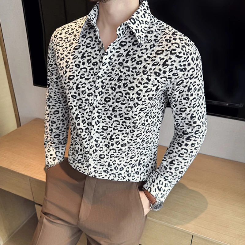 

Роскошные хлопковые рубашки с леопардовым принтом для мужчин, осенне-весенняя мужская рубашка с длинными рукавами и цветочным принтом, классическая дышащая модная мужская одежда