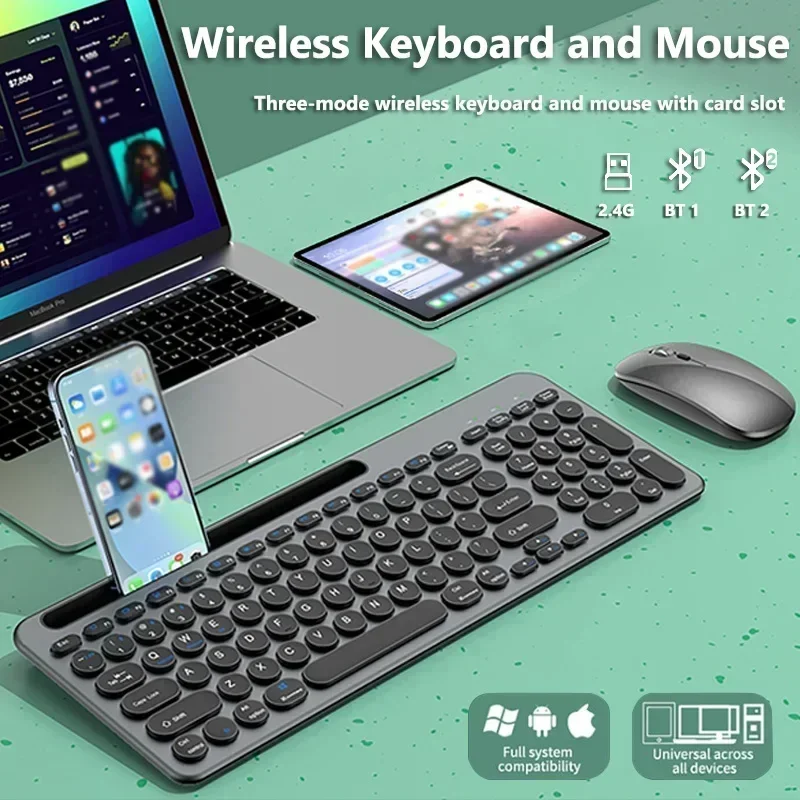 Bluetooth Keyboard 3 Mode Silent Mini Mute 2.4G Wireless BT Key Board and Mouse Combo Multi-Device Rechargeable Keyboards Set