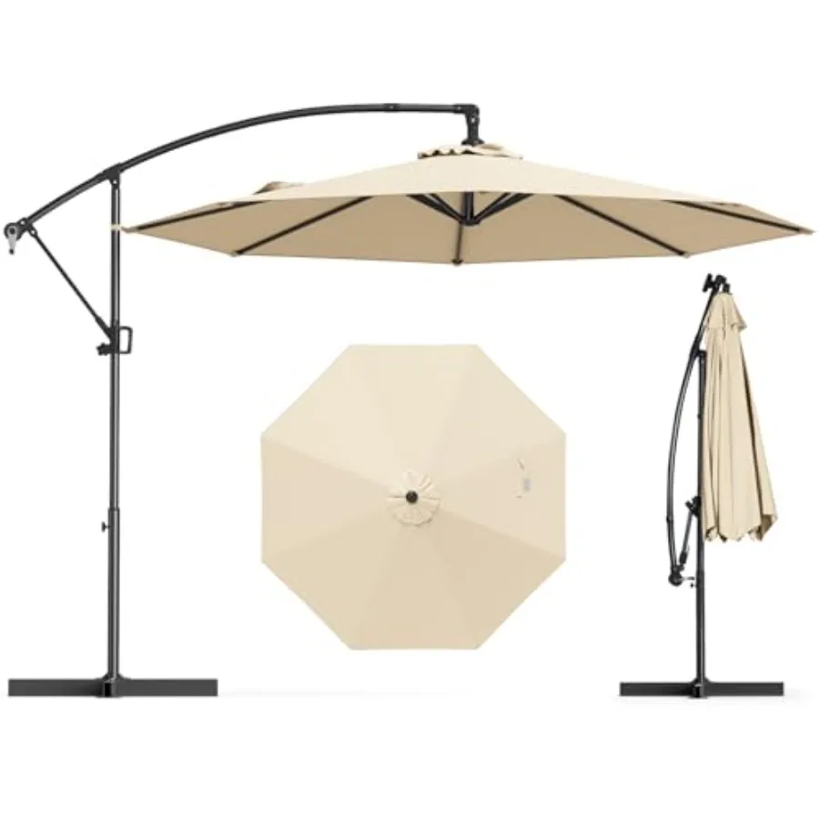 10 Feet Patio Offset Umbrella, Hanging Cantilever Umbrella w/X-shaped Base and 360° Rotation, Smooth Crank Handle, Vented Top,