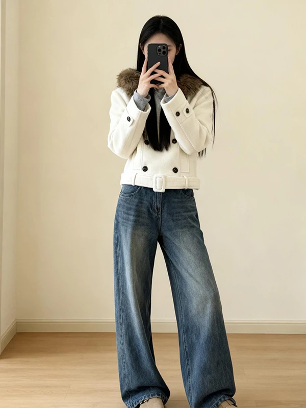 

Пальто из смесовой овечьей шерсти с меховым воротником и пуховым утеплителем, корейский стиль, для повседневной носки, теплое, для женщин, зима 2025