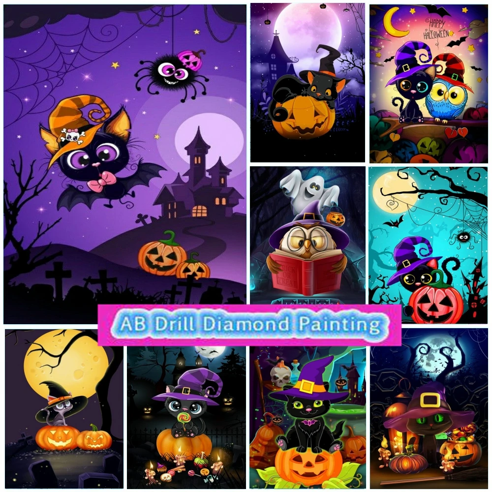 

New Halloween Wizard Owl 5d AB Drill Diamond Painting Cute Pumpkin Black Cat Art Diy Embroidery Cross Stitch Kit Home Decor Gift