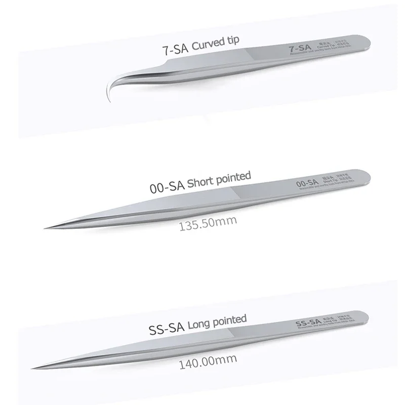 Pinceta QIANLI MEGA-IDEA 7-SA wygięta końcówka 0.15mm 00-SA niemagnetyczna stal nierdzewna krótka szpiczasta SS-SA długi spiczasty klip naprawczy