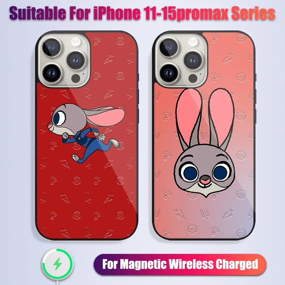 

MINISO Disney Cartoon Z-Zootopia 2 Phone Case For iPhone 13 14 15 11 12 Pro Max Plus Glass Charging Magsafe Magnetic Cover