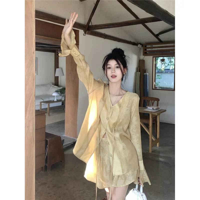 2024 Spring and Summer New Chinese style Chiffon Shirt  Long Sleeve New style Sunscreen Suit Thin section Tie Loose Two sets Wom