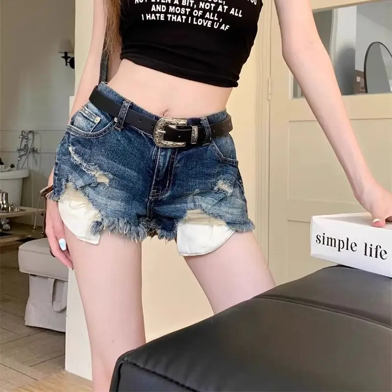 Pocket Leak Vintage High-Waisted Sexy & Club Denim Shorts y2k Women Clothing Loose Raw Edge Short Summer Ripped A-line Pants