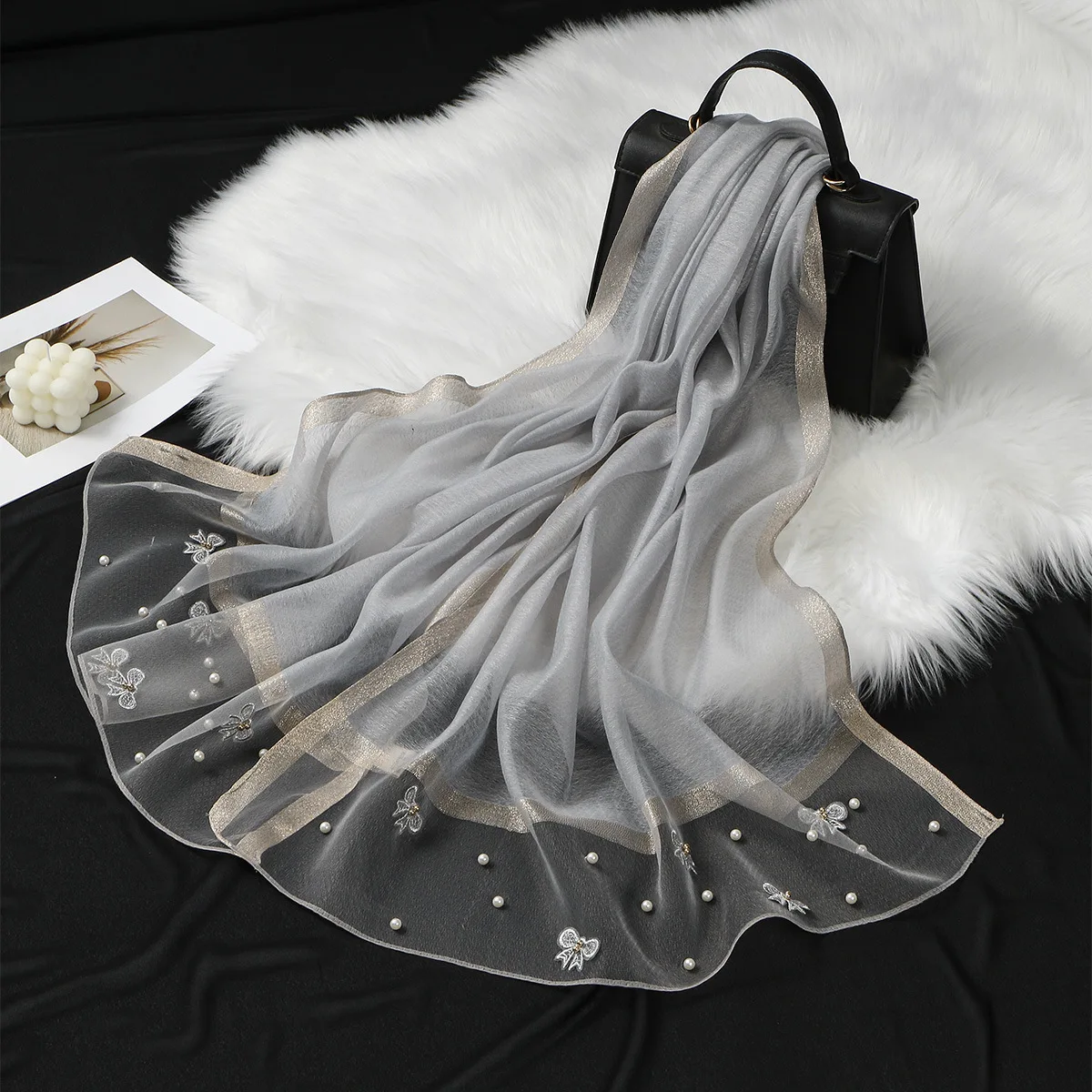 

Elegant Organza Lace Headscarf Women Sun Protection Shawl Travel Beach Long Scarf Beaded Scarves Wrap Bandanas Headband 190*70cm