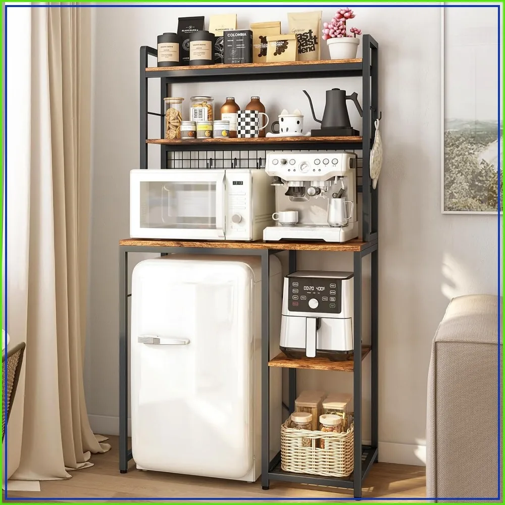 Mini Fridge Stand with Outlet, Microwave Shelf, Bakers Rack for Kitchen, Coffee Bar