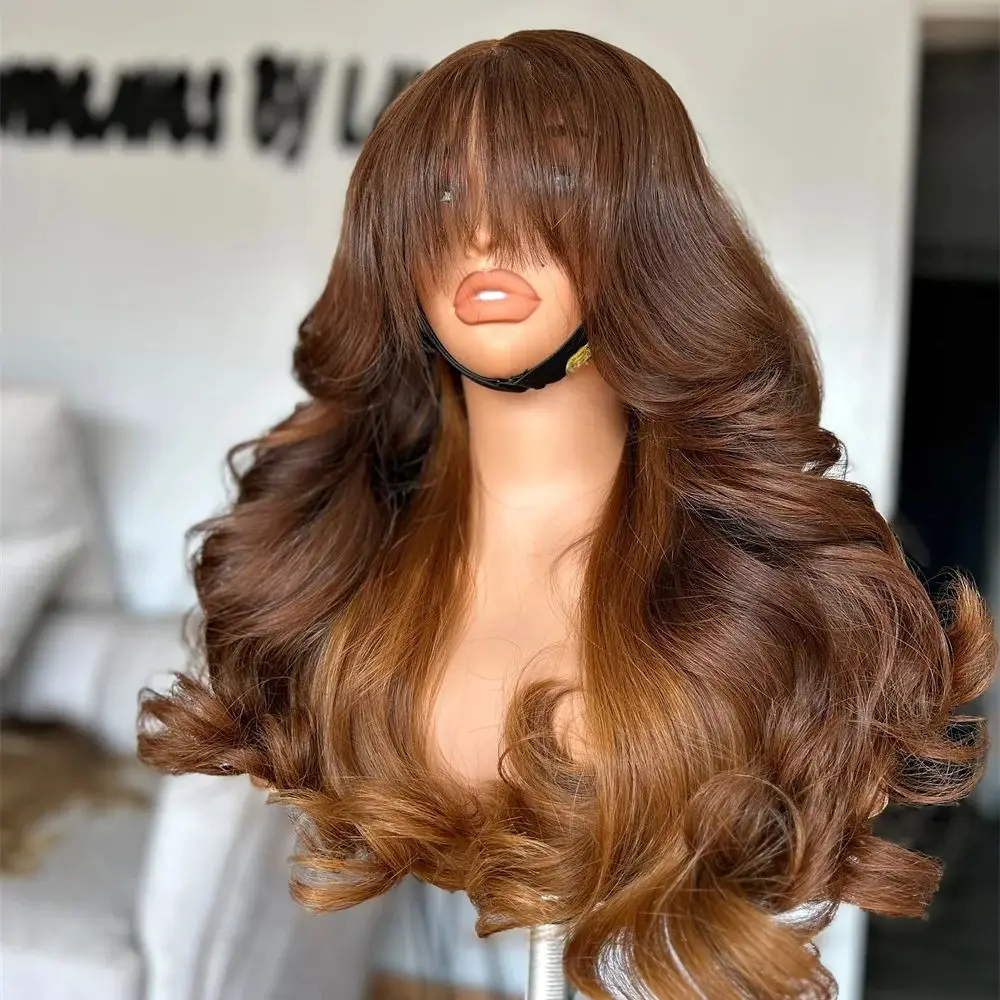 

Long Curtain Bangs Wig Bouncy Wavy Lace Wig Soft Futura Synthetic Glueless Daily Wear Wigs Dark Honey Brown Balayage Colored