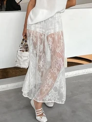 Lace Jacquard Transparent Long Skirt Women Elastic Waist White Hollow Out Sheer Midi Skirts Streetwear Sexy Elegant Faldas New