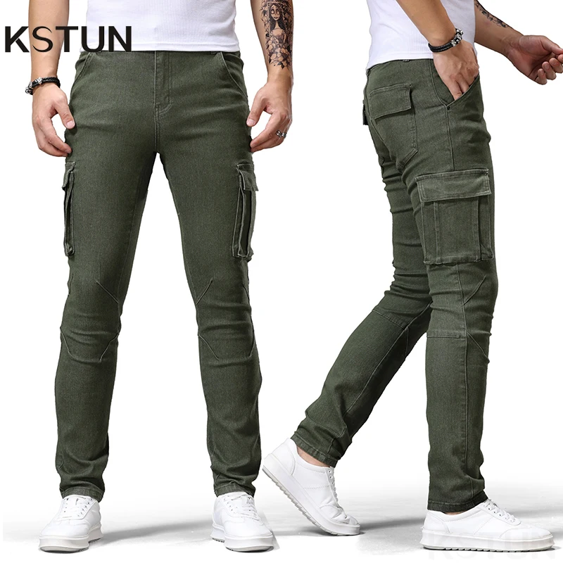 

KSTUN зеленые джинсы мужские брюки-карго с несколькими карманами облегающие эластичные повседневные джинсовые брюки уличная одежда джоггеры ковбойские мотоциклетные джинсы