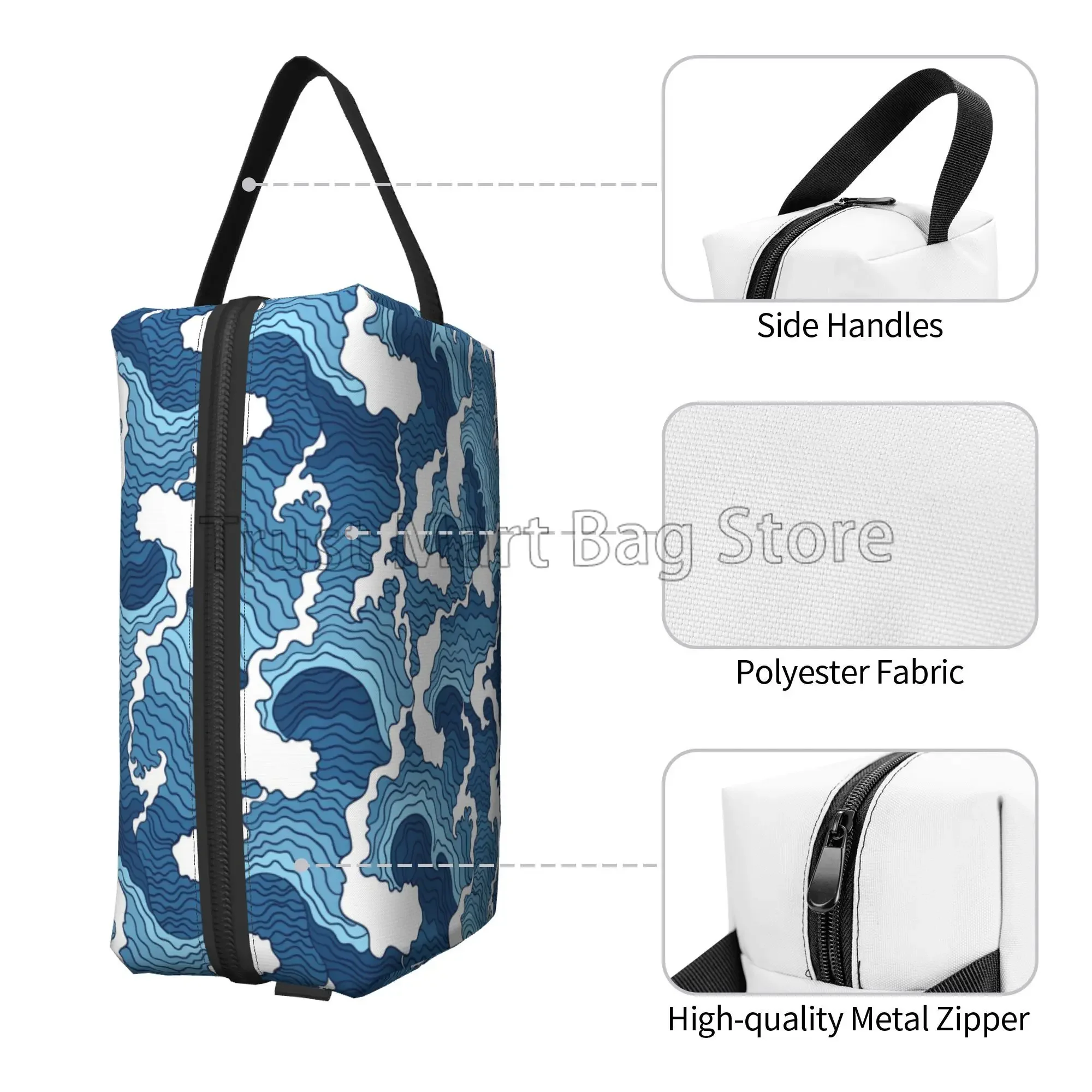 Japanese Ocean Sea Blue Wave Print Cosmetic Bag Organizer Portable Large Capacity Travel Toiletry Bag Make Up Bag