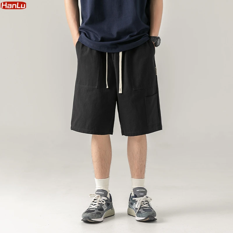 Men's Summer Casual Cargo Shorts Khaki Five-Point Pants with Large Pockets Japanese Retro Solid Color Trendy Sports Short