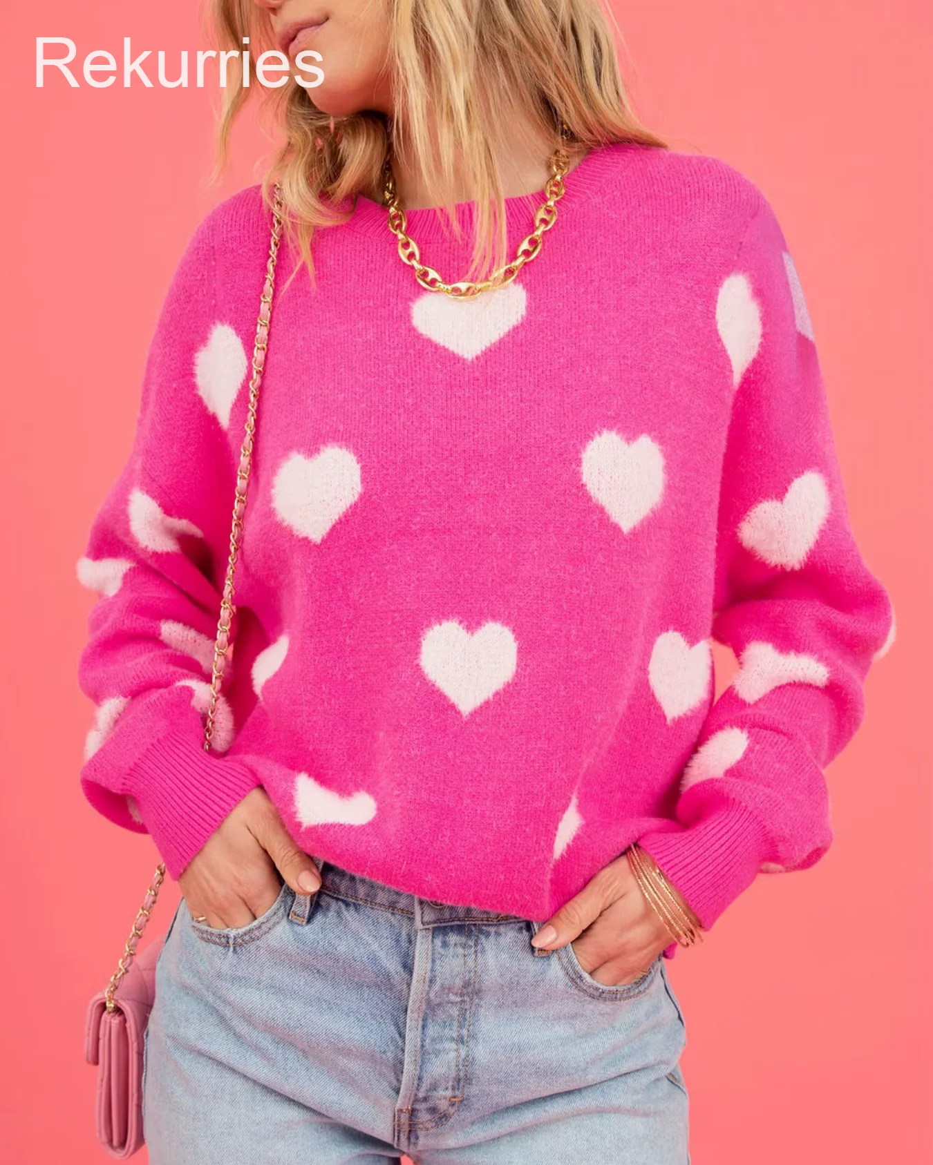 Women's Hot Pink  Knit Sweater Heart Pattern Crew Neck Long Sleeve Casual Pullover Fuzzy Heart Pattern Sweater