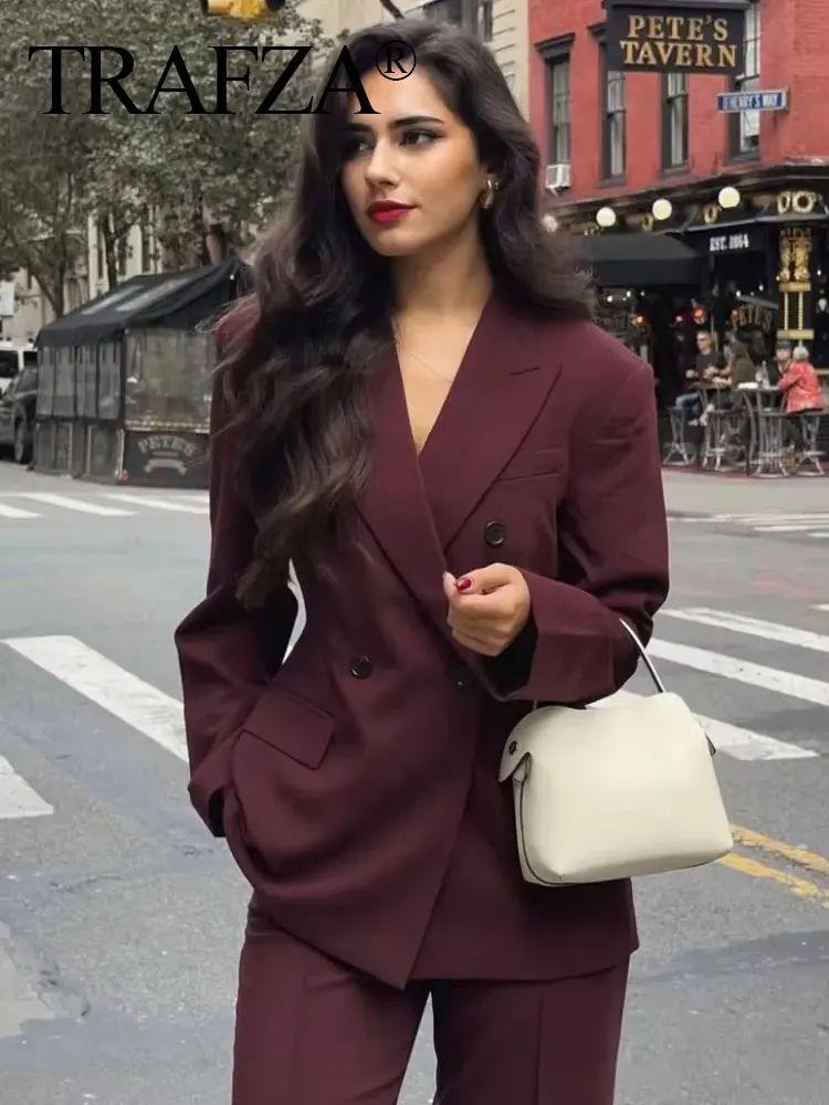 TRAFZA Women's Blazer Outerwear Office Wear Women Suit Jacket Autumn Long Sleeve Burgundy Coat Formal Woman Wine Red Outwear Top