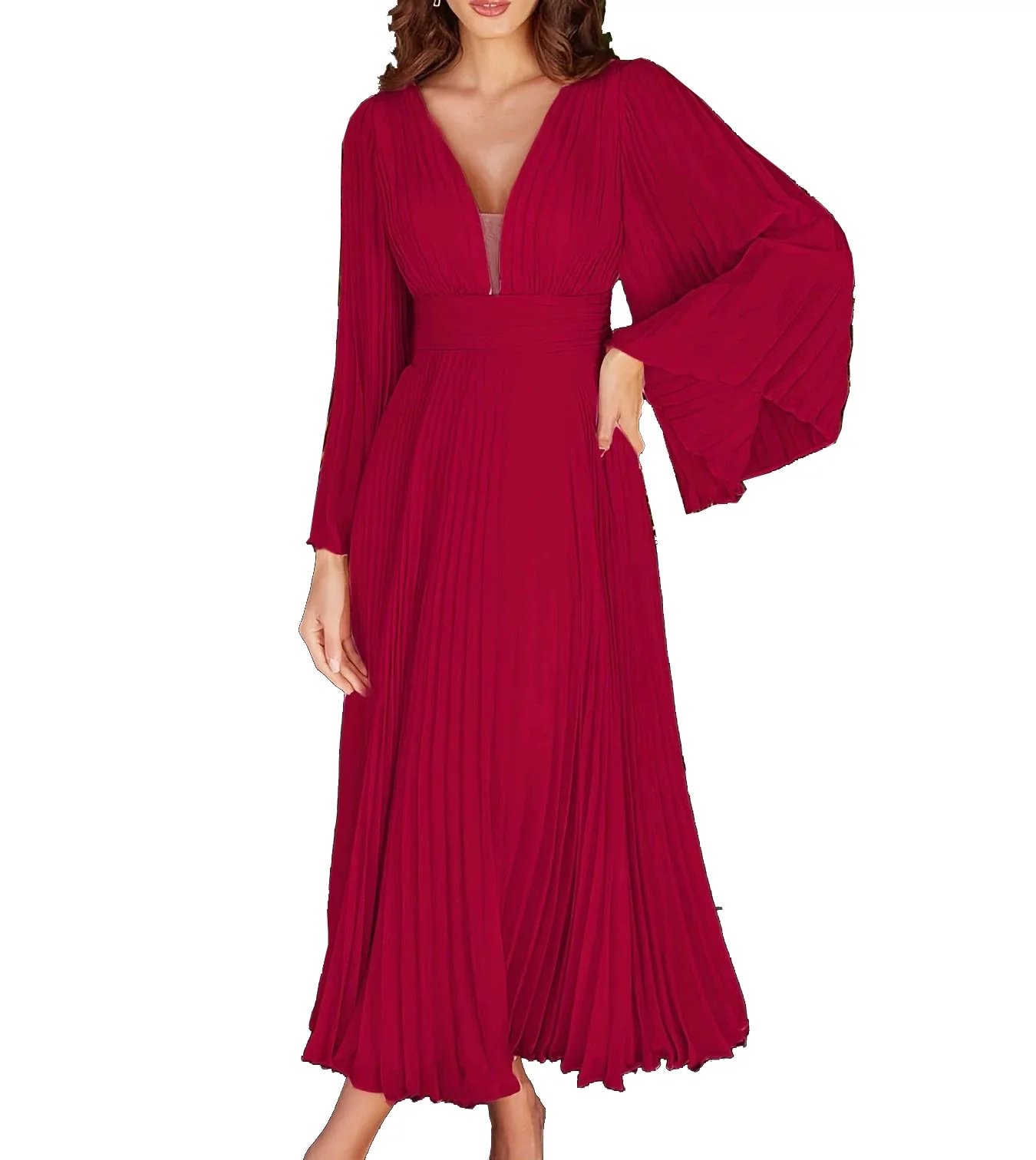 

Spring Autumn Luxury Pleat Dresses for Women Flare Sleeve Deep V Neck Backless Khaki Red Sexy Night Club Vestidos