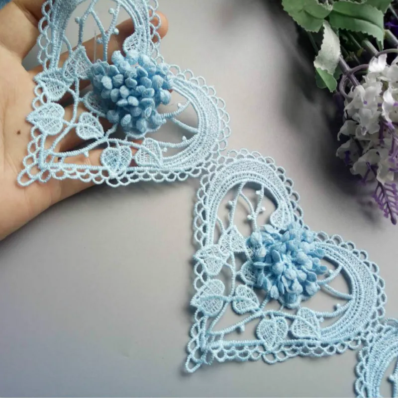 1 Yard Luxury Blue Lace Fabric Pearl Organza Tulle 3D Beads Flowers Embroidery Ribbon Trim Edge For DIY Sewing Neckline Decor