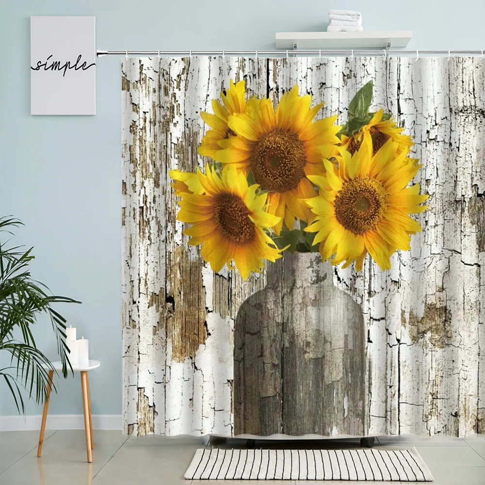 

Flower Scenery Shower Curtain Retro Old Wooden Board Sunflower Tulip Floral Farmhouse Barn Bathroom Wall Decor With Hook Screen