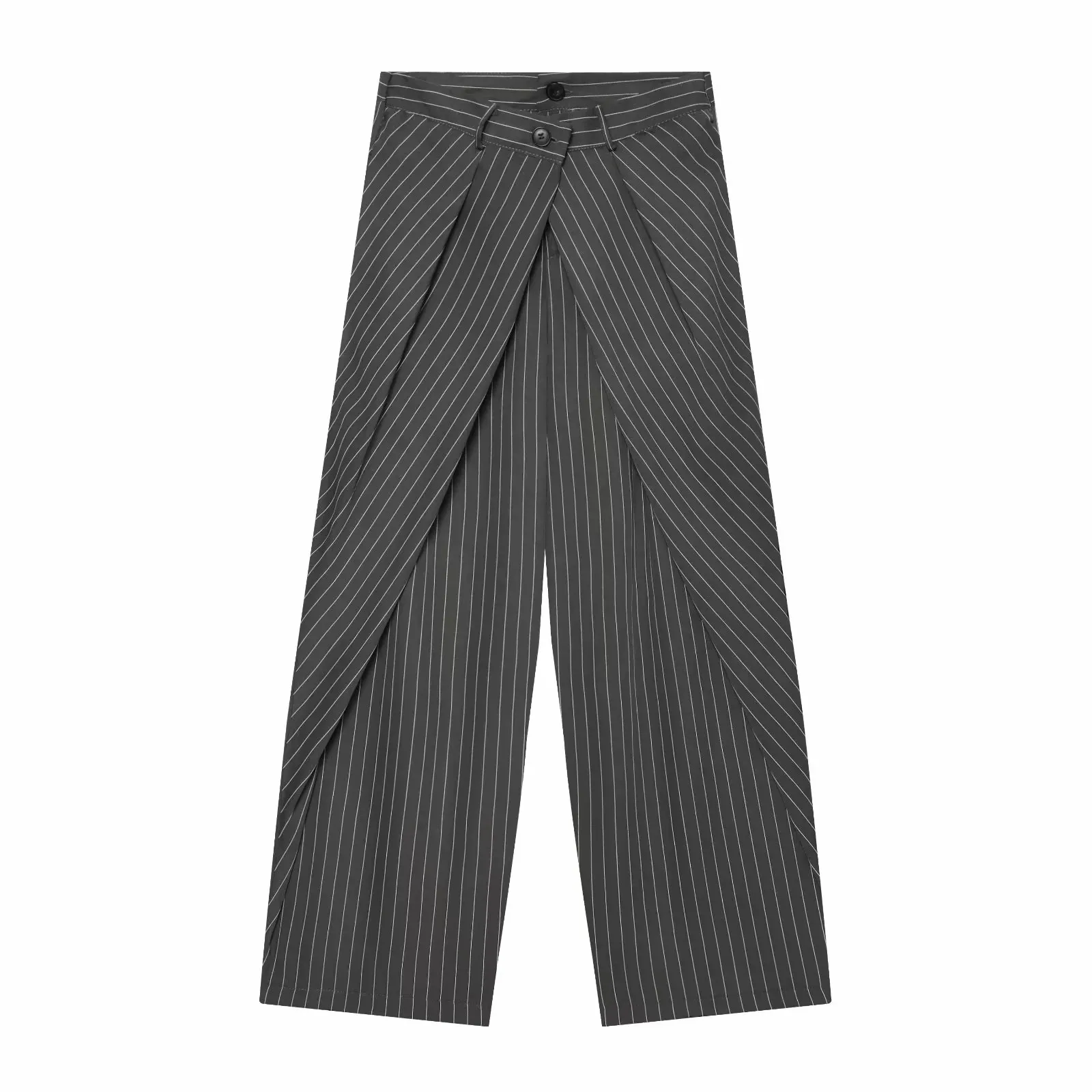 Damen High-Waist Weite Hosen Lässige Gestreifte Doppelknopf Elegante Loose-Fit Hosen – Detail 5