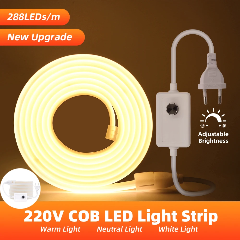 

AC 220V Neon Light Led Strip with Dimmer EU Plug 288Leds/m Flexible COB Tape Ribbon Waterproof Silicone Tube Lamp Neon Sign