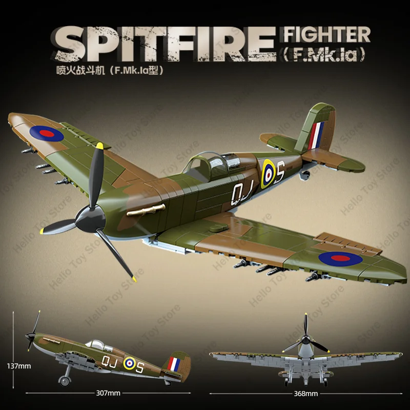 

2024 Military Spitfire Fighter Strike Plane Building Blocks World War 2 Bricks Classic Aircraft Model Educational Kids WW2 Toys