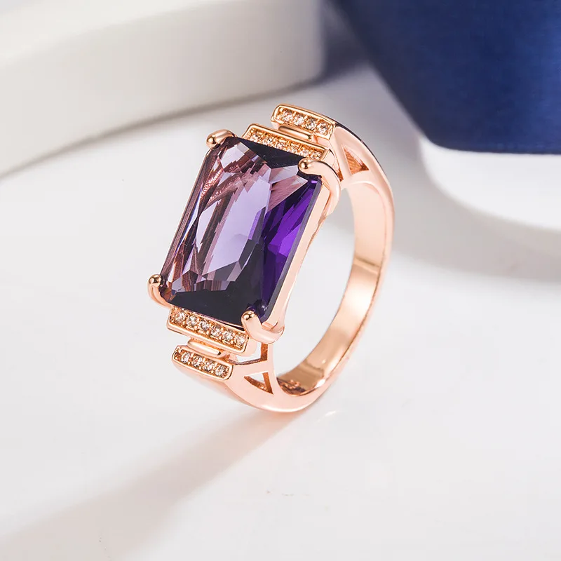 

Simulated Amethyst Ring 18K Rose Gold Plated Four-Prong Setting Zircon Accents Elegant Dainty Jewelry Gift for Women Anniversary