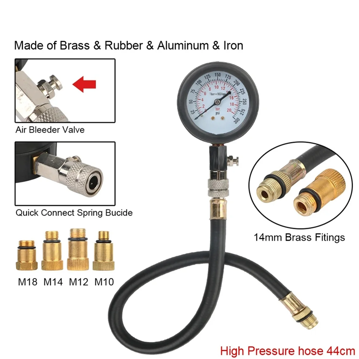 Gasoline Engine Compression Meter with M10 M12 M14 Adapter 0-300 PSI Pressure Gauge Automotive Cylinder Tester Kit