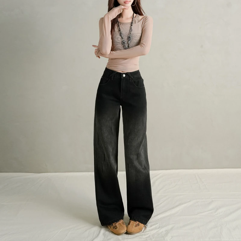 

Женские черные, серые джинсы с высокой талией в стиле ретро, женские модные прямые джинсовые брюки для девочек, свободные удобные и повседневные брюки