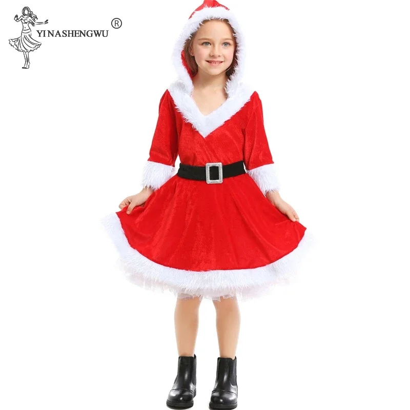 Christmas Girl Santa Claus Cosplay Costumes Christmas Costume Suit Kids NewYear Children's Clothing Hooded Dress Belt Outfits