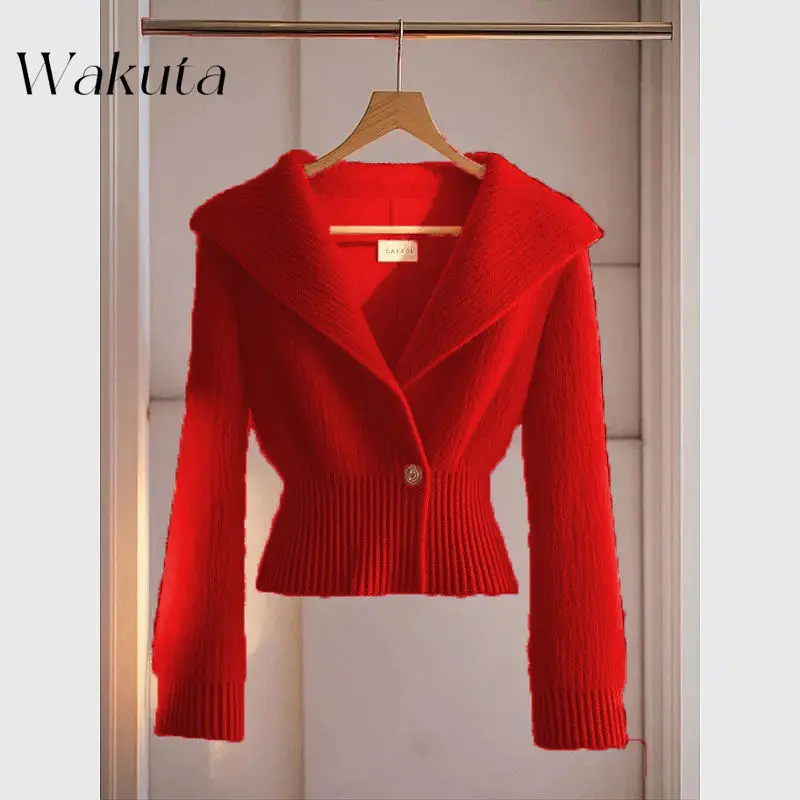 WAKUTA Korean Ladies V-neck Long-sleeved Shawl Knit Sweaters Fashion Fall/Winter Waist Slim Small Perfume Pullovers 여성 반팔 니트