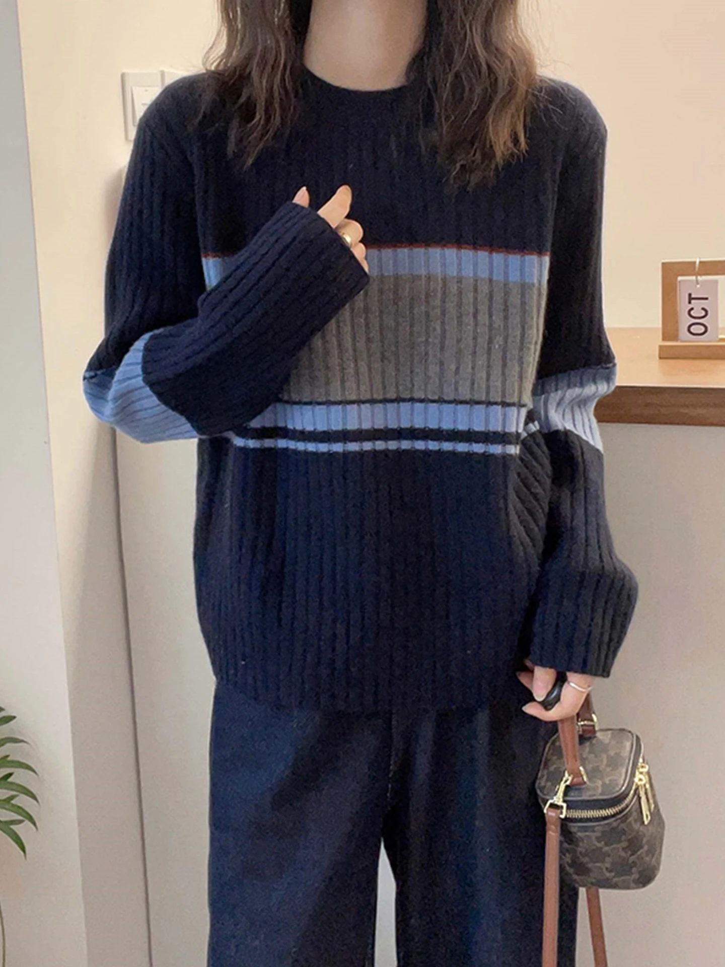 Cómodo suéter de punto para ir al trabajo Sle suelto largo Sve Casual invierno Faion Top mujer redondo Ne rayas Base irt