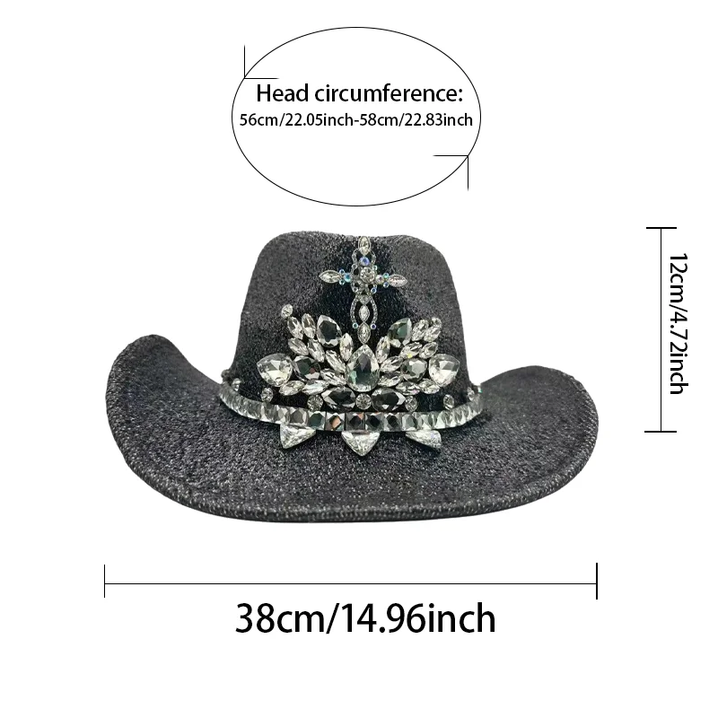 HongLuan Black Glitter Costume Hat Adult, Cowboy Hats Rhinestone for Woman, Cowboy Cosplay Female Accessories & Cowgirl Cap