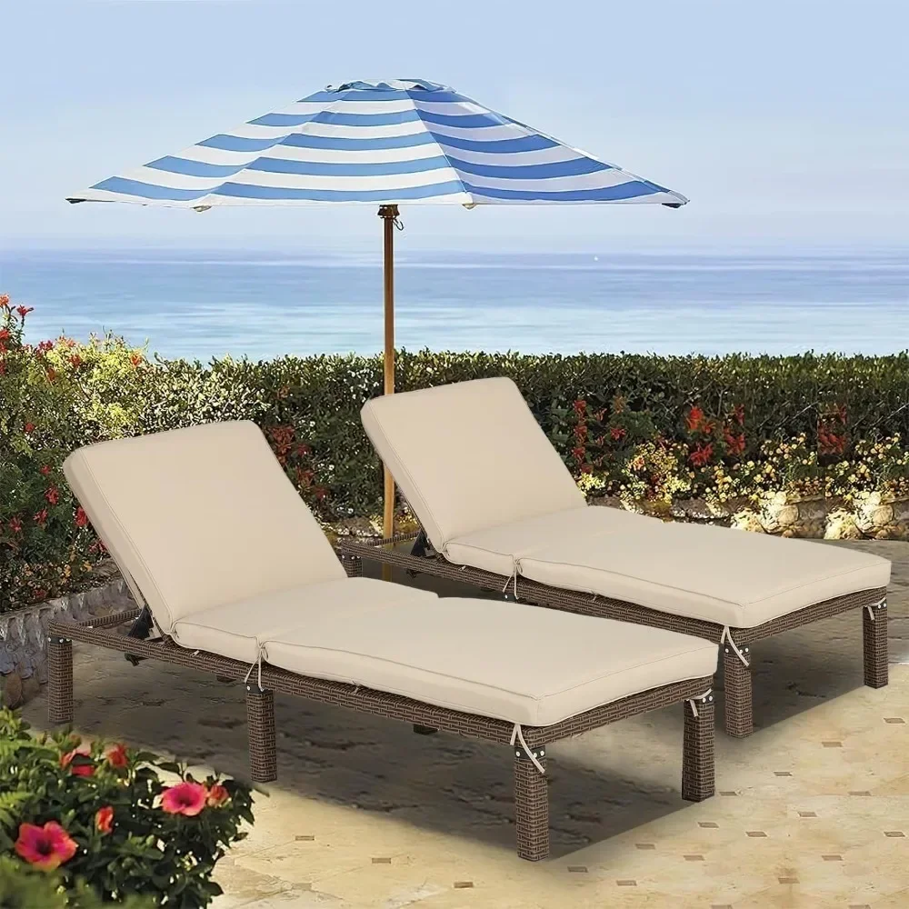 

2-Pack Outdoor Chairs Patio Adjustable Wicker Chaise Lounge with Cushions Patio Chairs, Sun Loungers