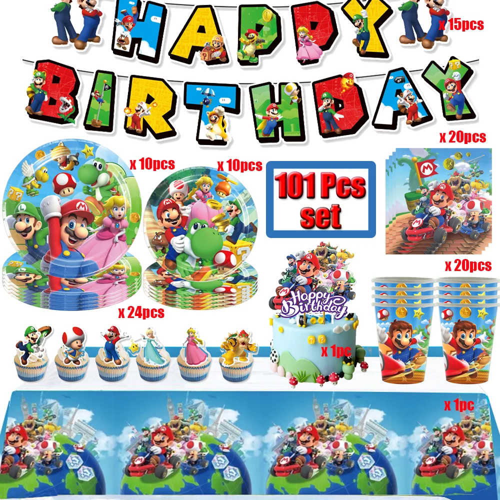 Juego de dibujos animados Super Bros, decoraciones de cumpleaños, suministros de vajilla para Fiesta de Mario, servilletas de papel, platos y tazas, juego de juguetes de feliz cumpleaños