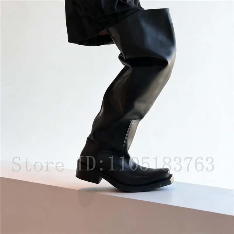

Unisex Oversize Black Slouchy Over The Knee Boots Men and Women Square Toe Low Block Heel Fashionable Couple Motorcycle Boots