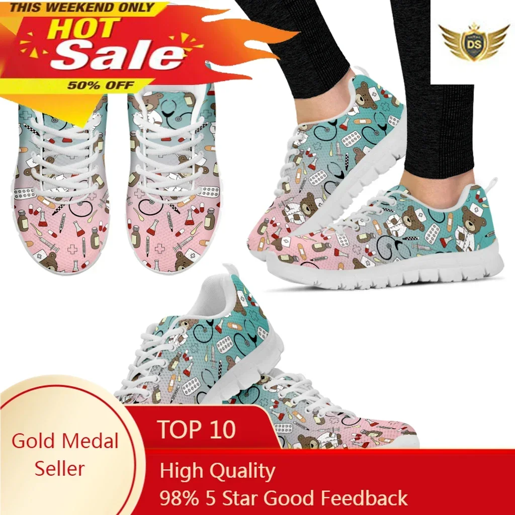 

Women's Casual Sneakers Cute Medical Bear Print Flats Woman Cute Gradient Nursing Footwear Females Spring Loafers