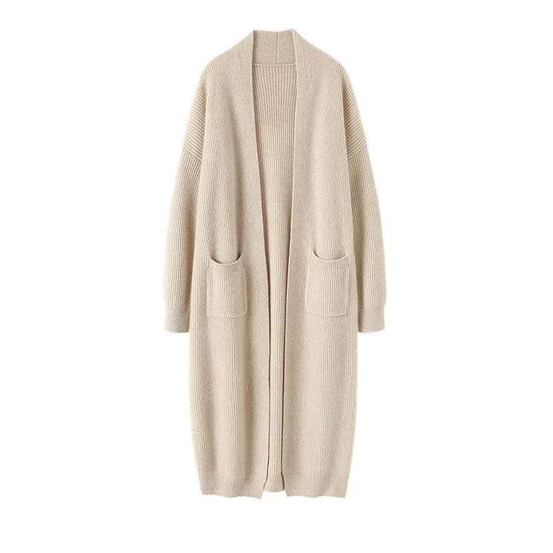 aliaga winter chunky ribbed knit 100% cashmere open outerwear women's thick warm long cardigan with pocket