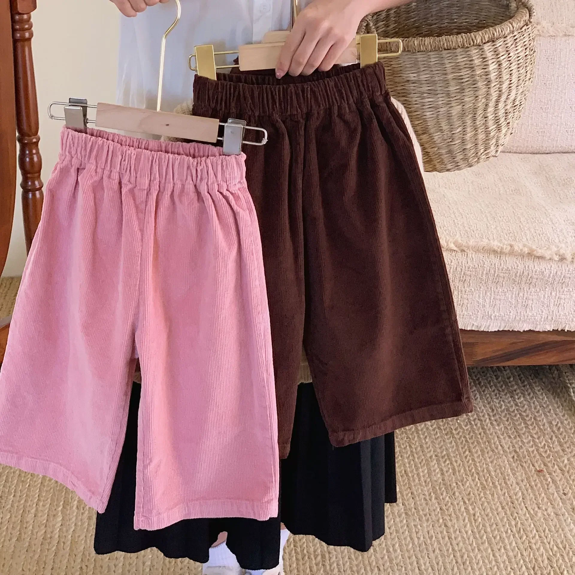 

Wide Leg Pants Girl Trousers Children New Childrens Clothing Girl Korean Baby Corduroy Autumn Long Simple 2024 Loose