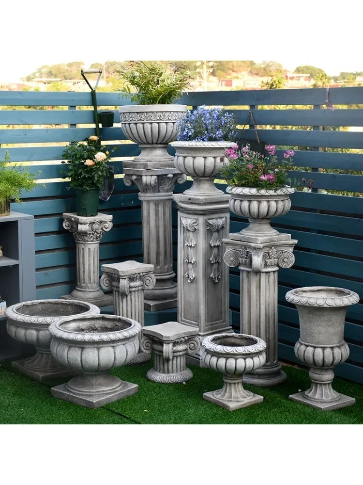 European-Style round Goblet Roman Pots Large Retro Distressed Villa Decoration Garden Balcony Cylindrical Base