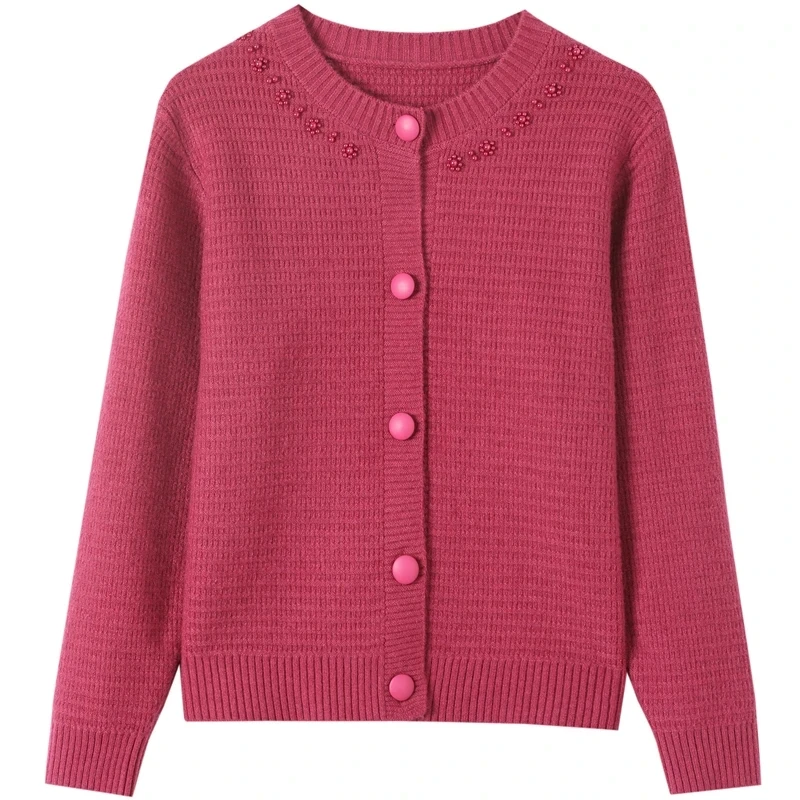 Kardigan Rajut Wanita Kerah O Model Baru, Sweater Pendek Modis, Mantel Rajut Musim Semi Gugur 2025, Kardigan Rajut Kerah O Slim Berhias Manik-Manik