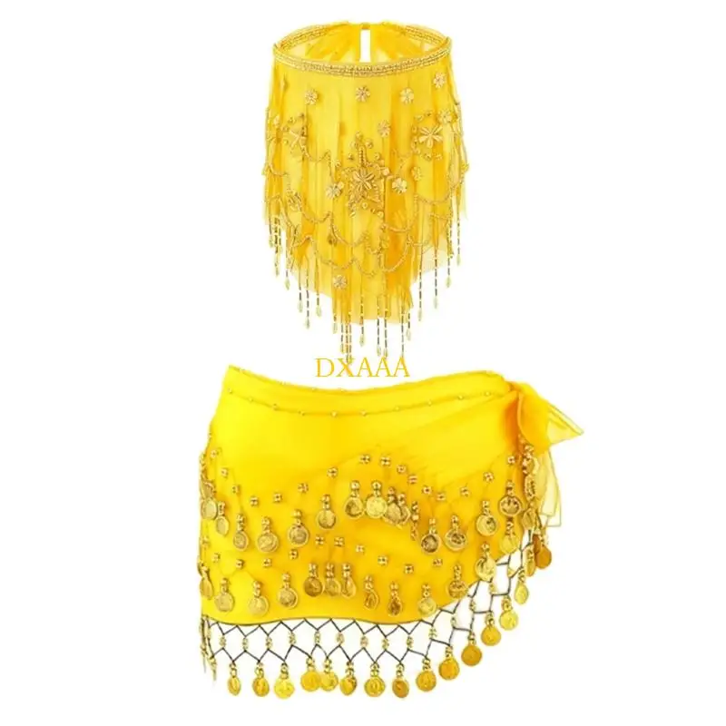

DXAA 2Pcs Belly Dance Costumes Bellydance Hip Scarf Tribal Face Veil with Beaded