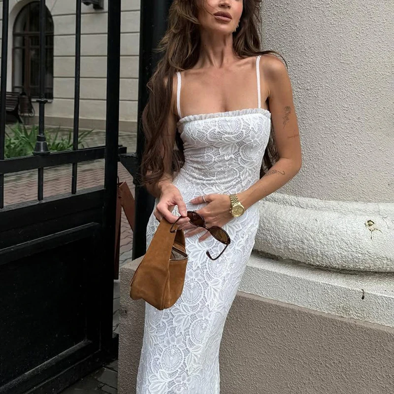 

Talenza Mesh Patchwork Dress Women's Solid Hollow Out Off Shoulder Sleeveless Sling Dress Lady Fashion Holiday Party Slim Dress