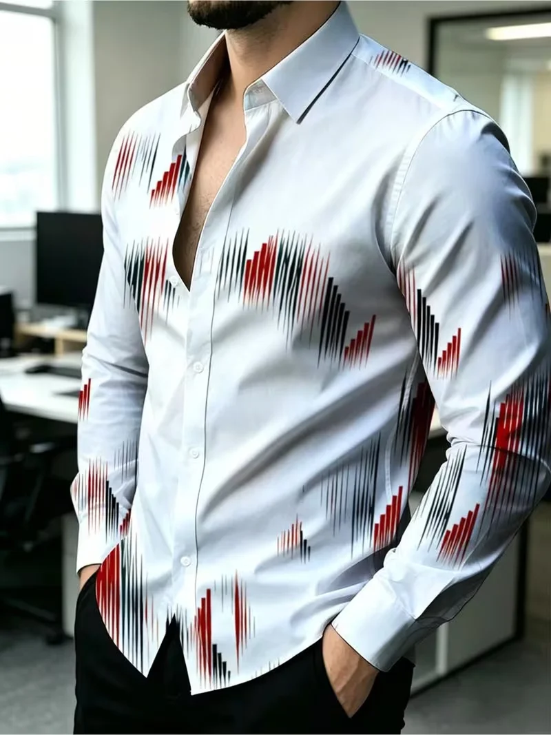 New long sleeved shirt with black and red ink wash landscape pine and cypress Chinese style printed men's top