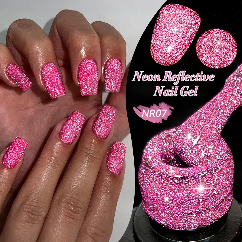 LILYCUTE 7 ml rosa fluoreszierender reflektierender Gel-Nagellack, glänzender Glitzer, Neon, semi-permanent, Soak Off UV Gel Nail Art Maniküre