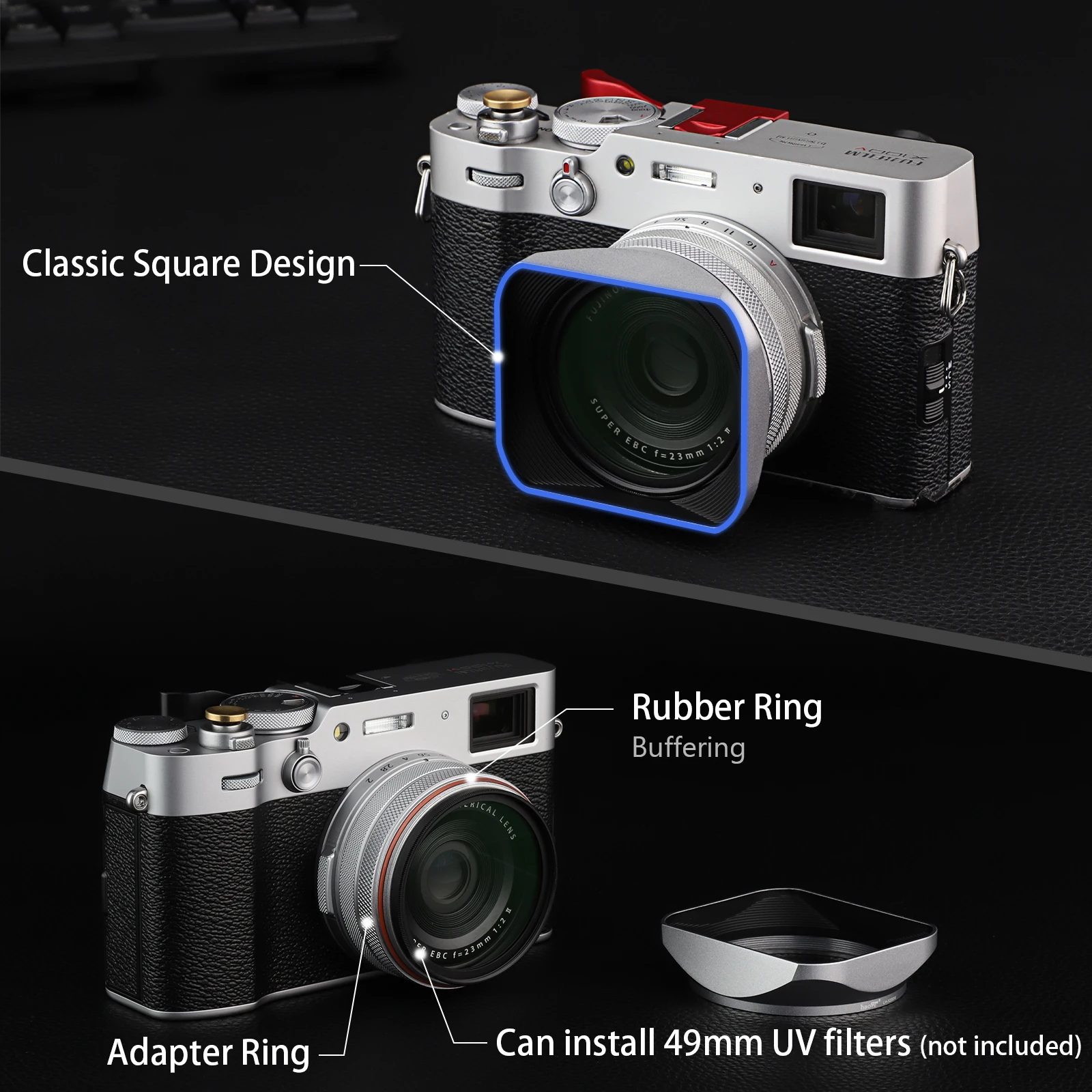 Haoge quadrado lente de metal capa sombra com tampa e 49mm adaptador anel para fuji fujifilm x100v x100f x100s x100t x70 câmera prata