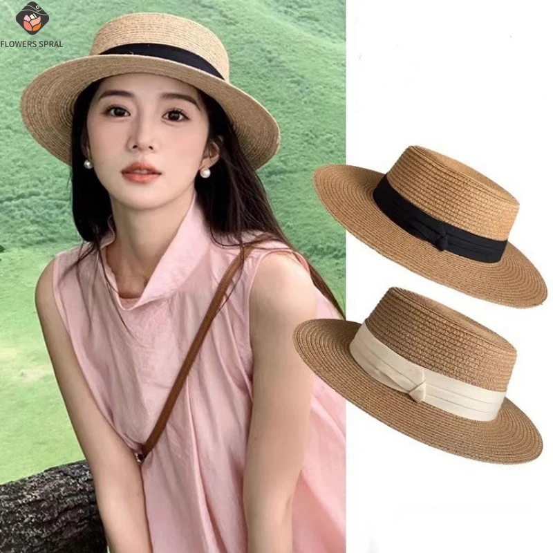 1PC French Flat Topped Minimalist Summer Sun Shading Beach Hat, Women's Casual Straw Hat, Fashionable And Versatile Sun Hat