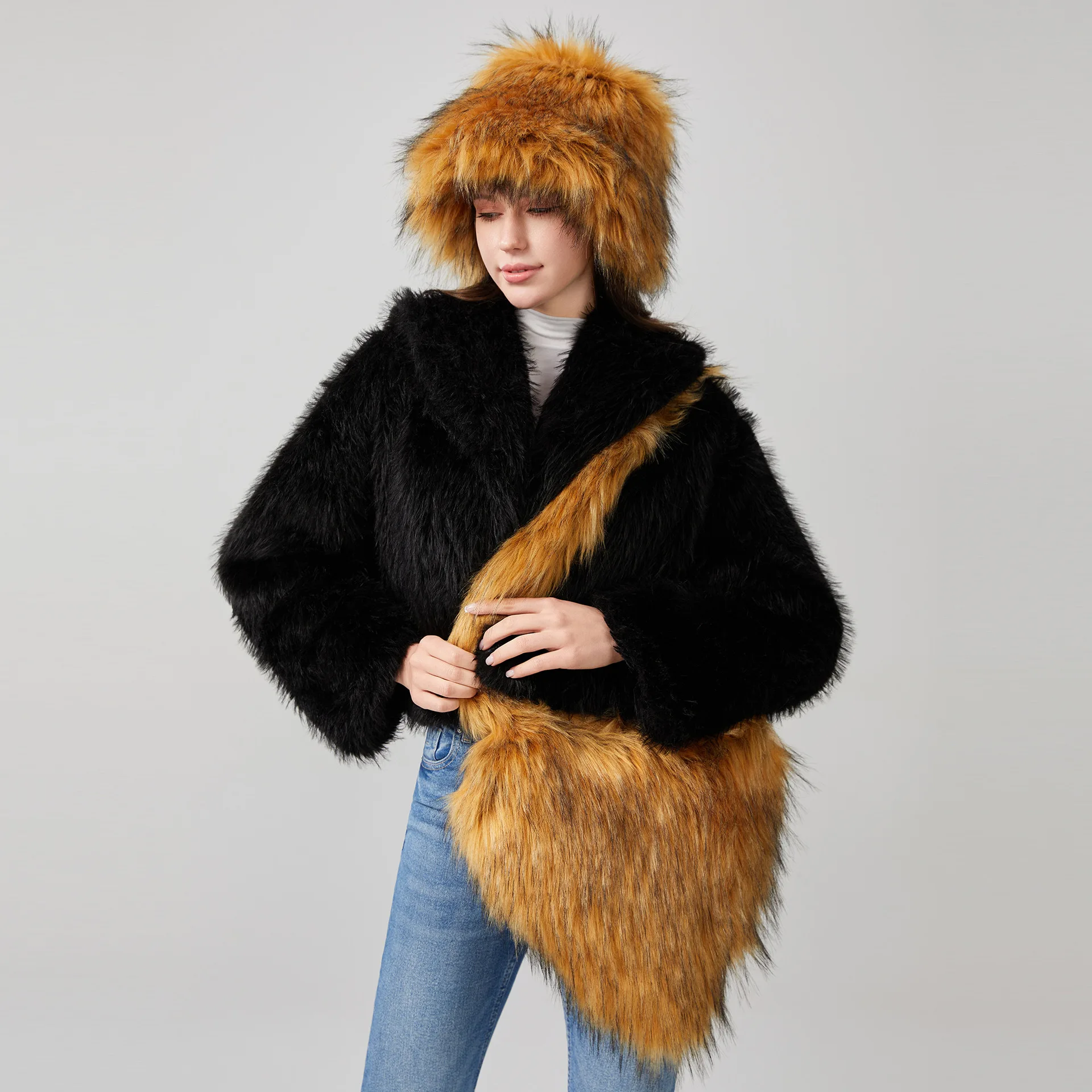 

Bag and Hat Set Women Hot Pink Brown White Solid Color 2025 Autumn Winter Faux Racoon Fox Fur Heart Shape Purse Bucket Hats