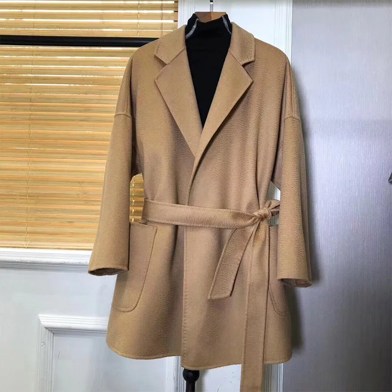 Black High-end Bathrobe Water Ripple Cashmere Coat Women Short Lapel Long Sleeve Lace-up Double-sided Coat Fashion Autumn Winter