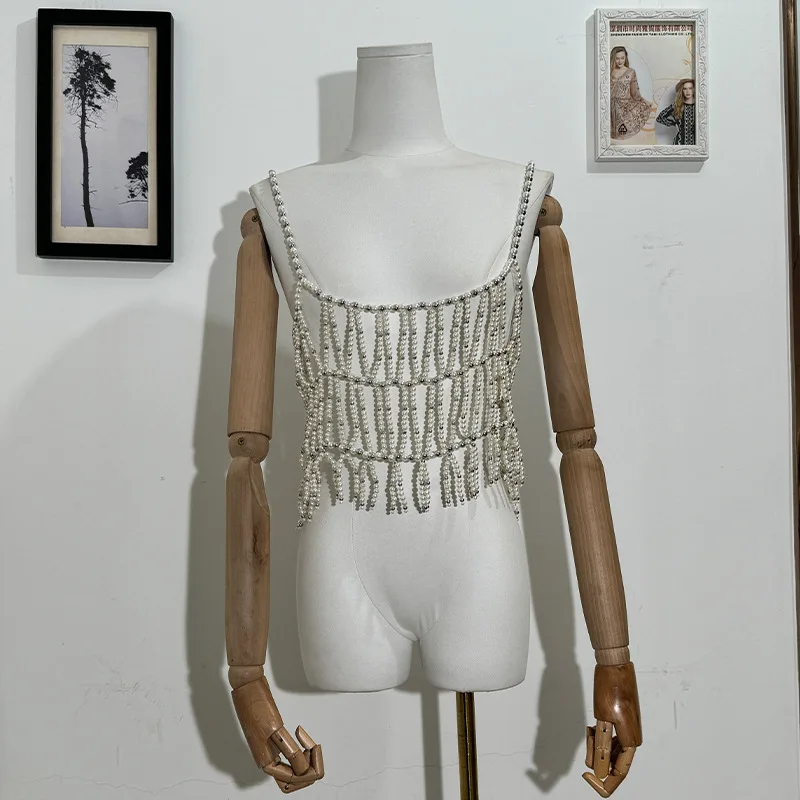 Checkered Retro Pearl Bead Top With Hollowed Out Camisole Vest, Temperament, Body Chain, Slim Fit, Trendy Outer Chest Accessory